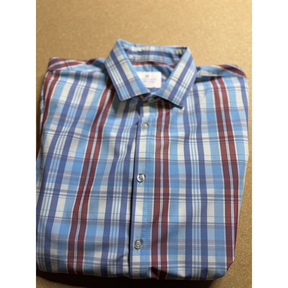 Mizzen+Main Mens Medium Trim Fit Plaid Dress Shirt, Blue Burgundy